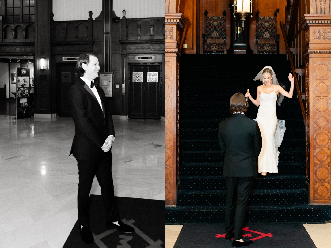 Deane walking toward Jeff during their first look at the Missouri Athletic Club, holding a bottle of champagne.