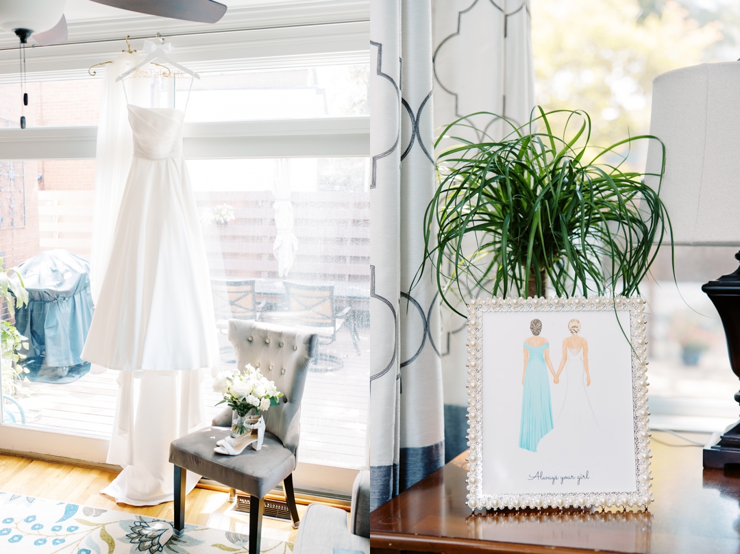 Close-up of Amanda’s wedding dress hanging by a window at her parents’ home.