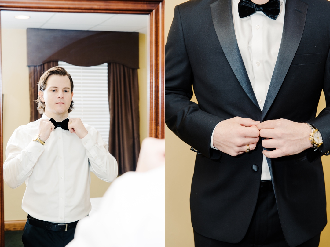 Jeff adjusting his tie in preparation for his wedding at the Missouri Athletic Club, captured by Fanara Photography.