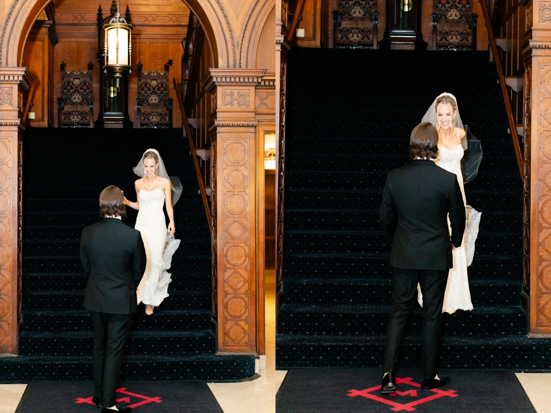 Bride Deane and groom Jeff sharing a joyful moment during their first look in the luxurious Missouri Athletic Club interior.
