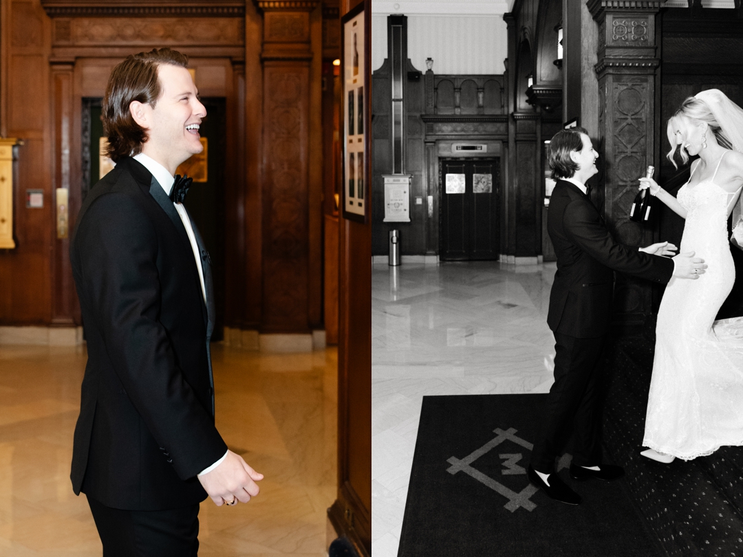 Deane and Jeff laughing together with the champagne bottle during their first look at the Missouri Athletic Club.