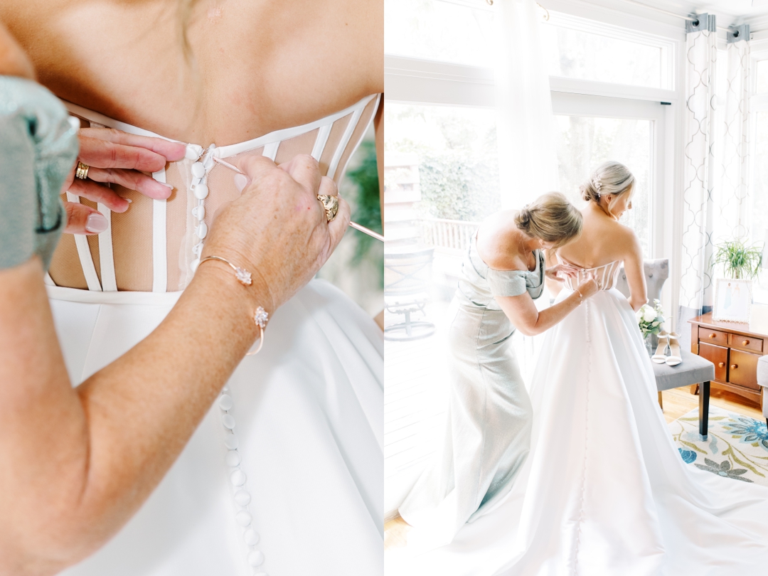 Bride Amanda getting ready with her bridal party at her parents’ house, surrounded by natural light.