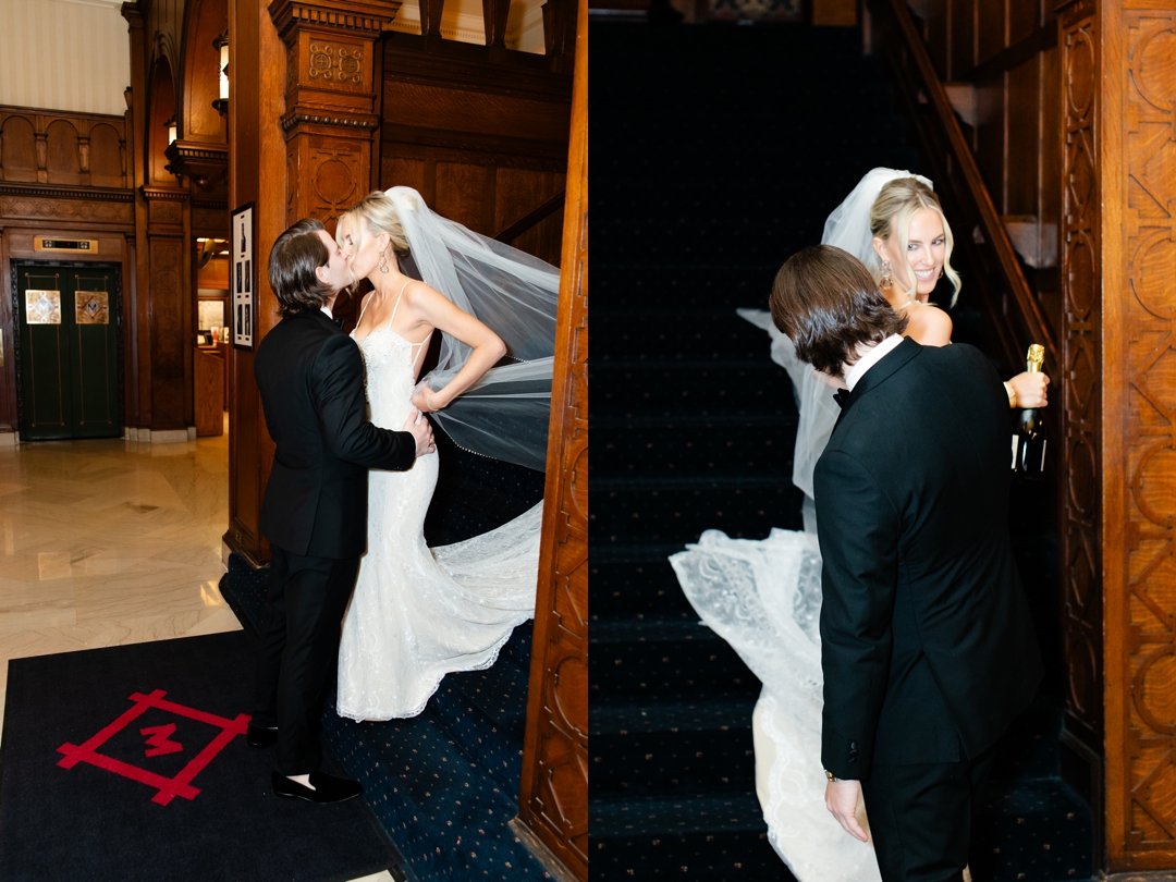 Candid shot of Deane adjusting her veil while Jeff looks on lovingly at the Missouri Athletic Club.