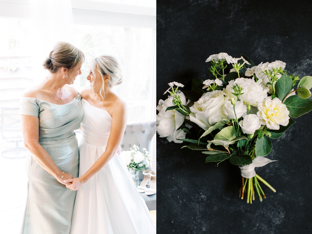 Bride Amanda laughing while her mom helps her get ready for the big day.