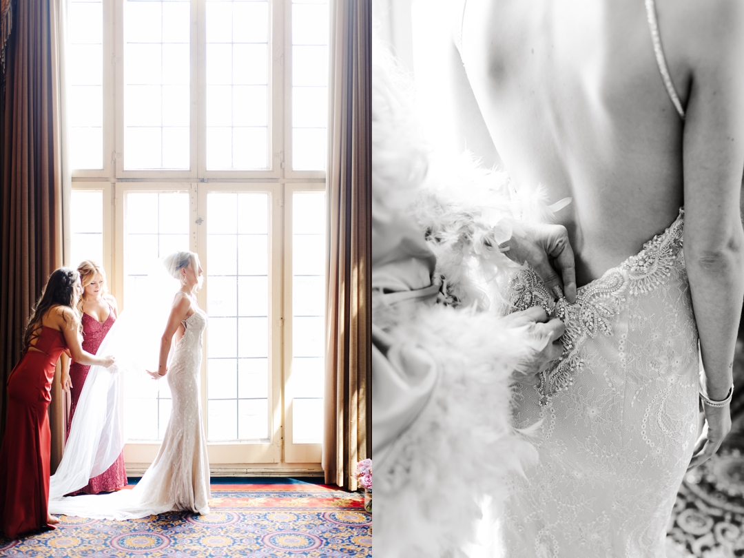 Bridesmaids helping Deane into her wedding dress, surrounded by colorful spring décor.