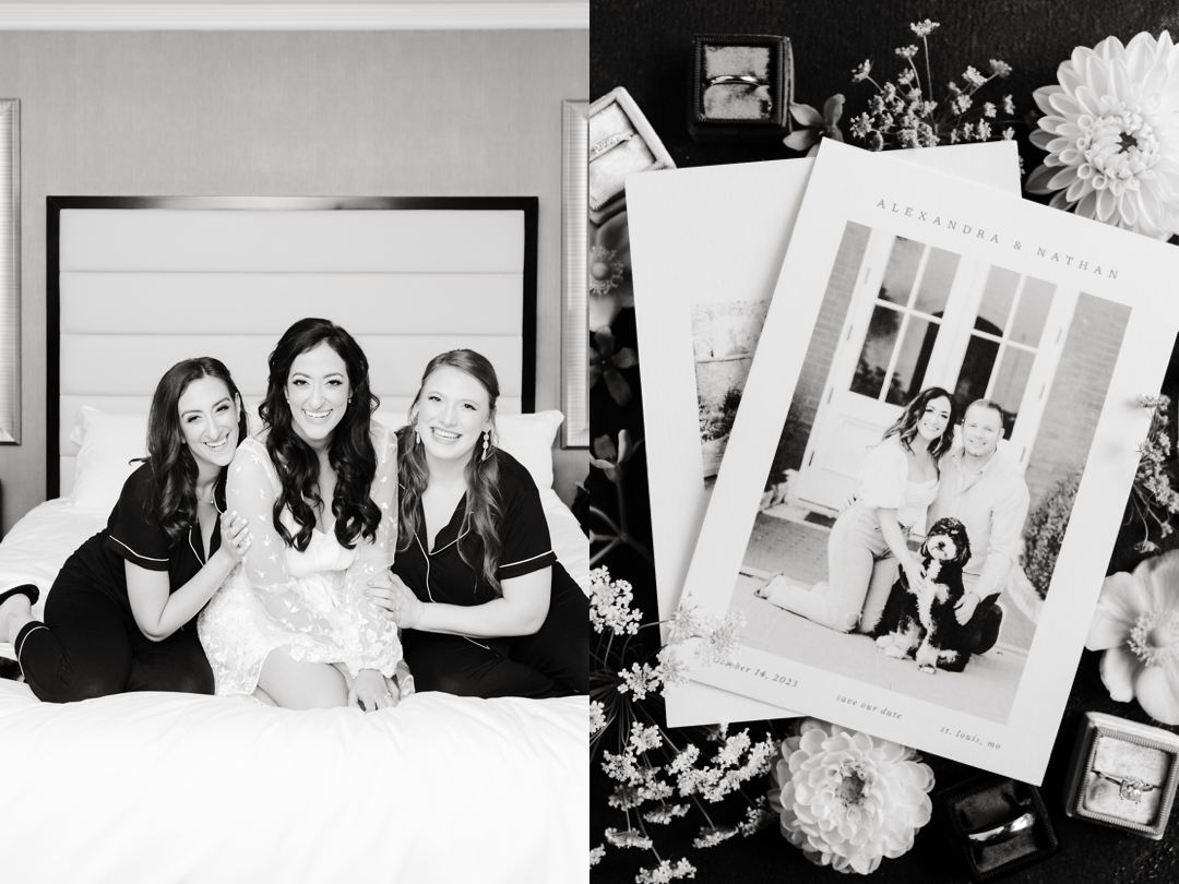 Candid bridal party moment in the suite at The Ritz-Carlton St. Louis.