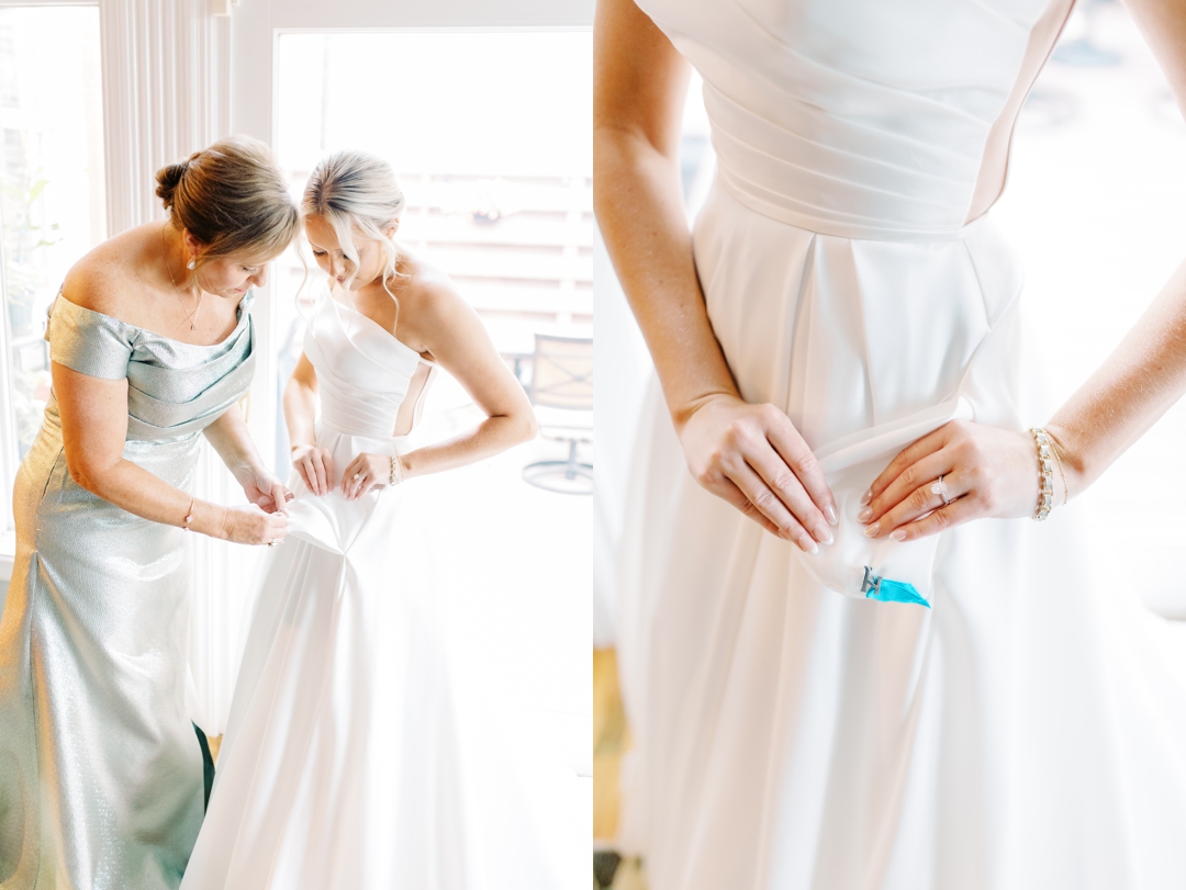 Bride Amanda getting ready with her bridal party at her parents’ house, surrounded by natural light.