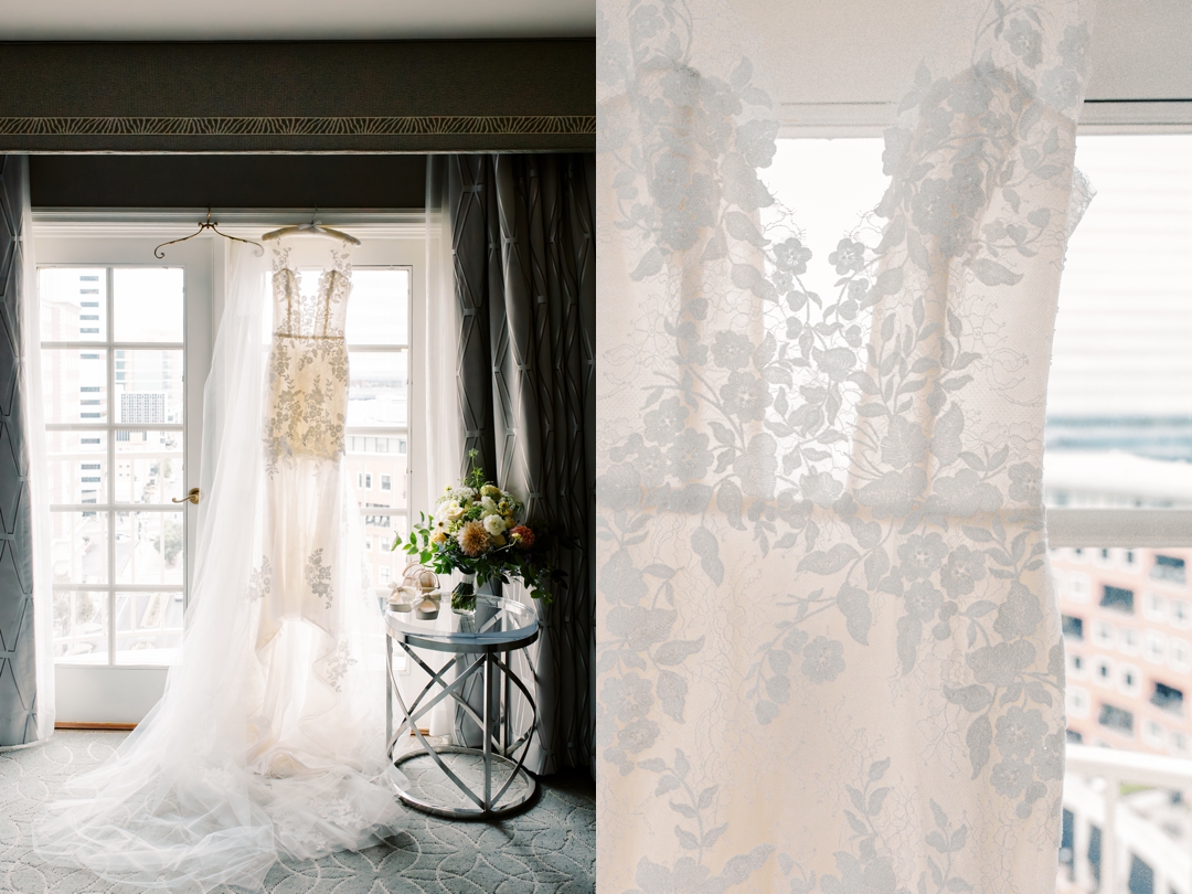Close-up of Allie’s Ines de Santo wedding dress hanging at The Ritz-Carlton St. Louis.