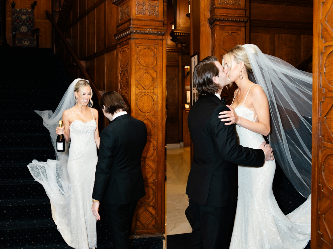 Bride and groom sharing a kiss in the elegant wood-paneled interior of the Missouri Athletic Club.