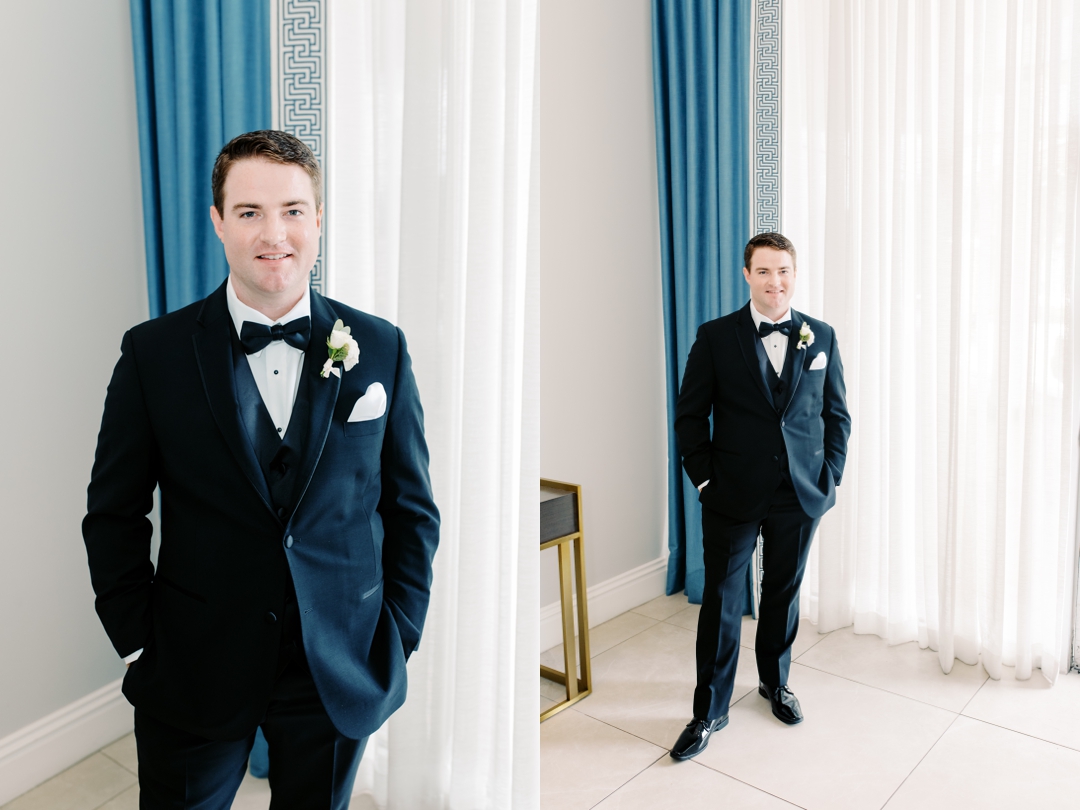 Mike and his groomsmen getting ready in a luxurious suite at The Chase Park Plaza.