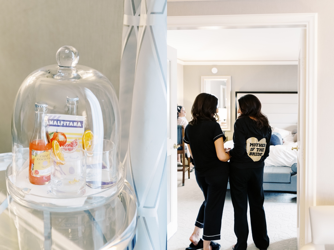 Candid bridal party moment in the suite at The Ritz-Carlton St. Louis.