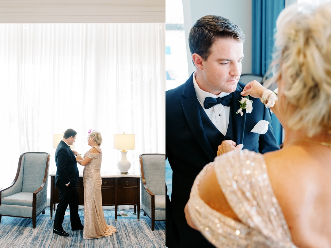 Groom Mike adjusting his tie while getting ready at The Chase Park Plaza.