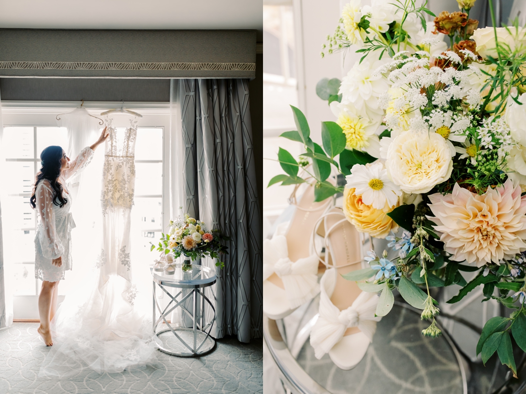 Bride Allie getting ready to put her Ines de Santo gown on at The Ritz-Carlton St. Louis.