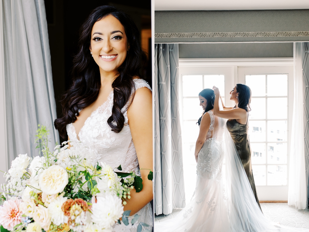 Bride Allie getting ready at The Ritz-Carlton St. Louis with her sister.