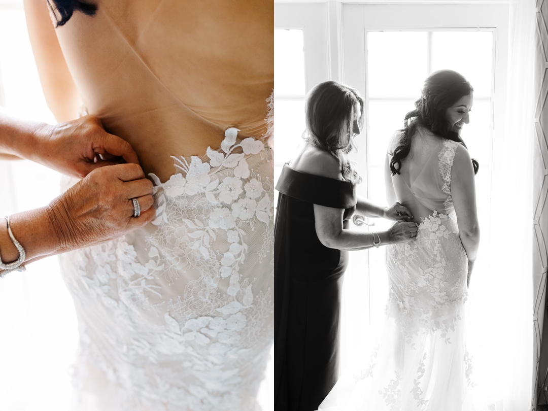 Bride's mom helping Allie the bride into her Ines de Santo gown at The Ritz-Carlton St. Louis.