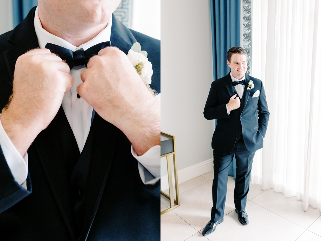 Groom Mike adjusting his tie while getting ready at The Chase Park Plaza.