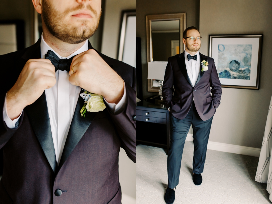 Nate adjusting his burgundy jacket while getting ready at The Ritz-Carlton St. Louis.