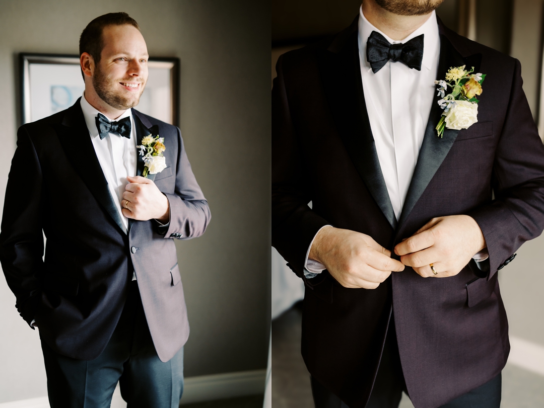 Nate adjusting his burgundy jacket while getting ready at The Ritz-Carlton St. Louis.