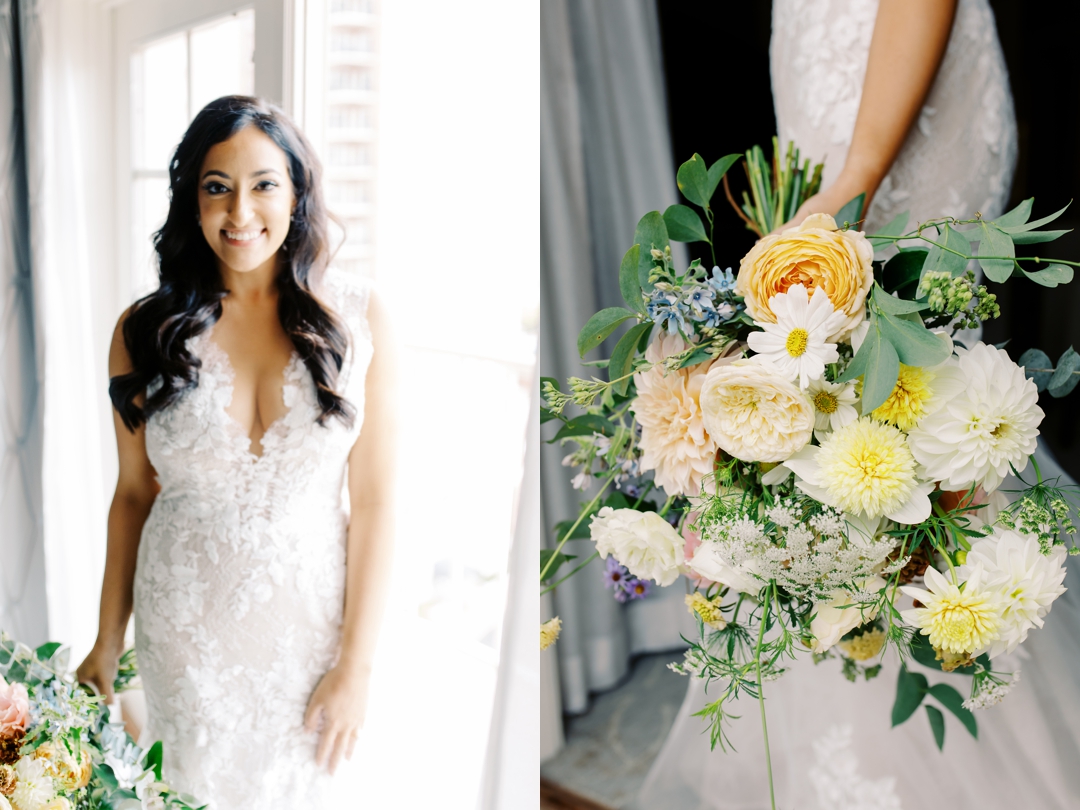 Bride getting ready in a luxurious suite at The Ritz-Carlton St. Louis.