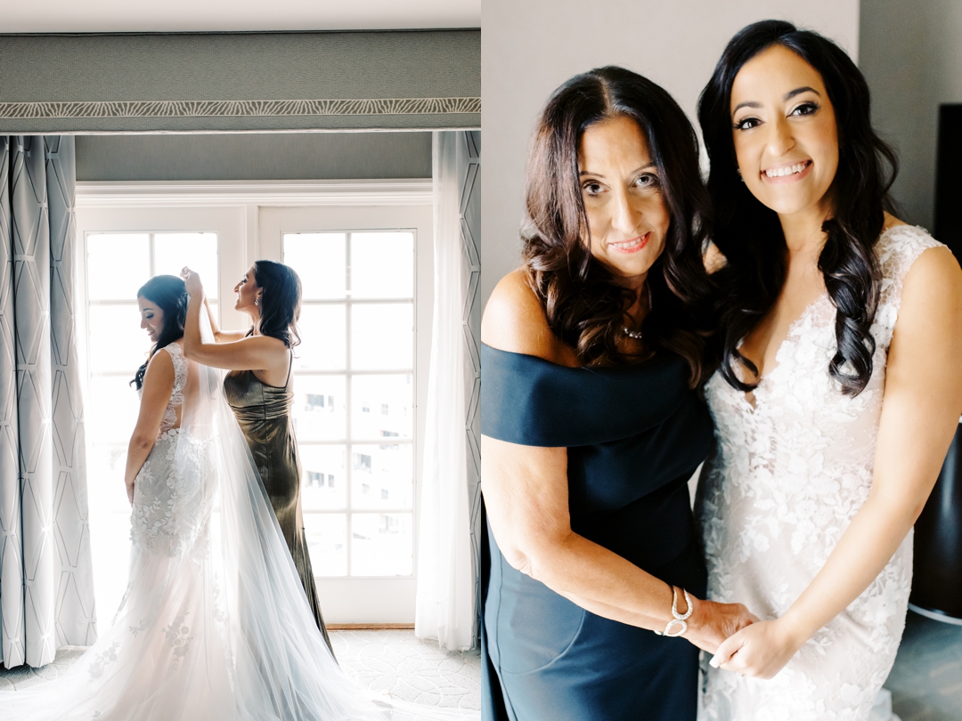 Bride getting ready in a luxurious suite at The Ritz-Carlton St. Louis.