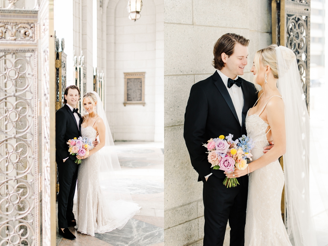 Bridesmaids helping Deane into her wedding dress, surrounded by colorful spring décor.