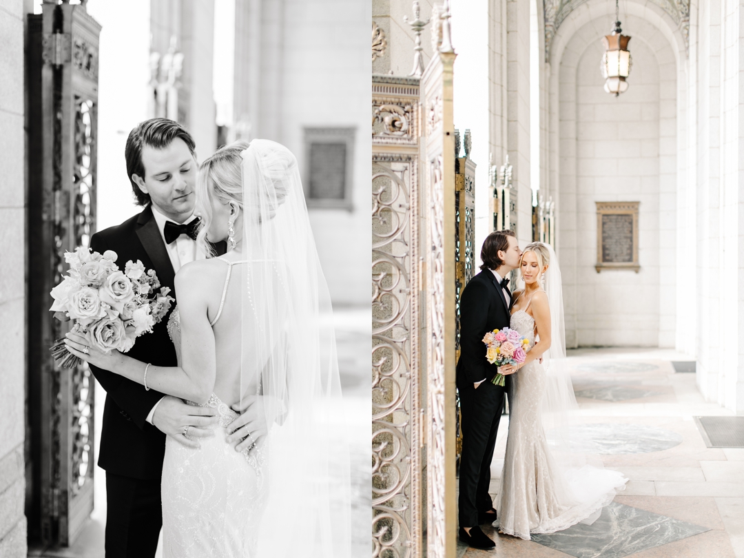 Elegant wedding portraits of Deane and Jeff at the Central Library, showcasing their timeless and vibrant wedding style.