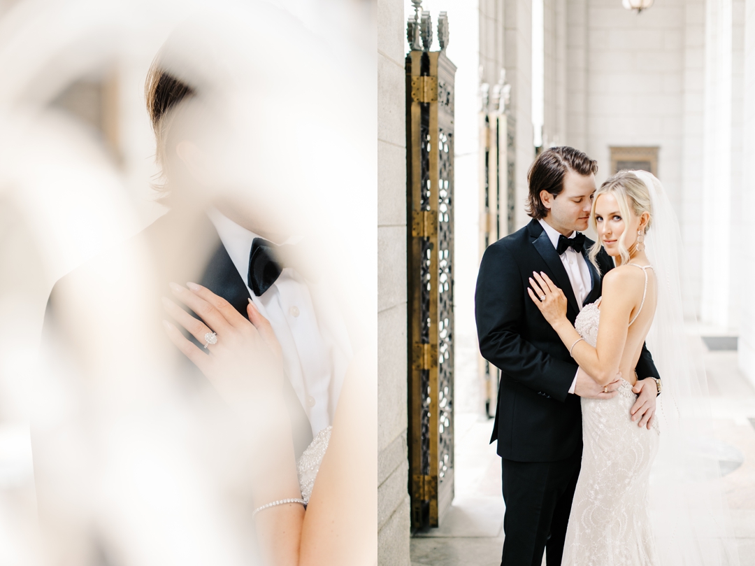 Elegant wedding portraits of Bride and Groom at the Central Library, showcasing their timeless and vibrant wedding style.
