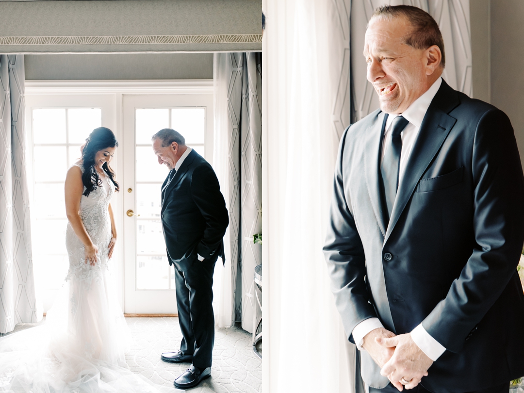 First look between bride and dad in a luxurious setting at The Ritz-Carlton St. Louis.