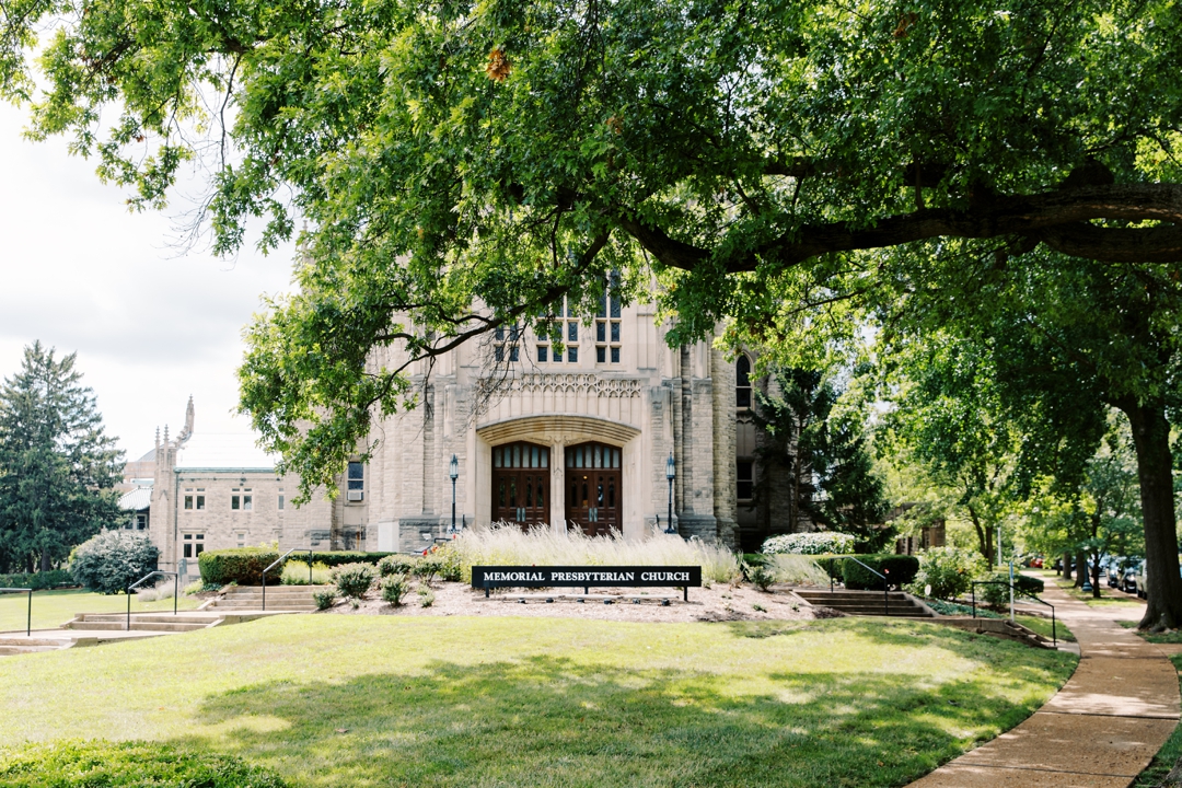 Exterior of Memorial Presbyterian Church on a sunny wedding day.