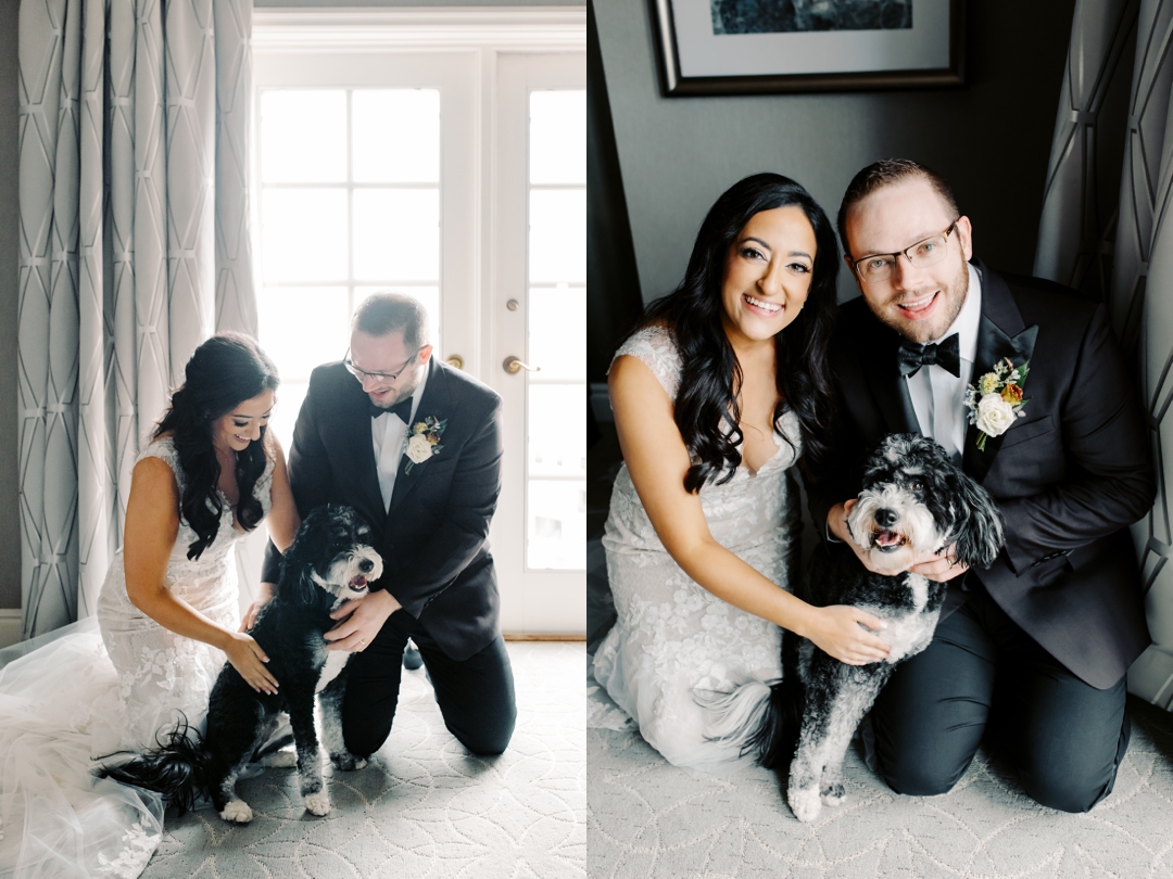Bear, the couple’s doodle, posing with Allie and Nate before the ceremony.