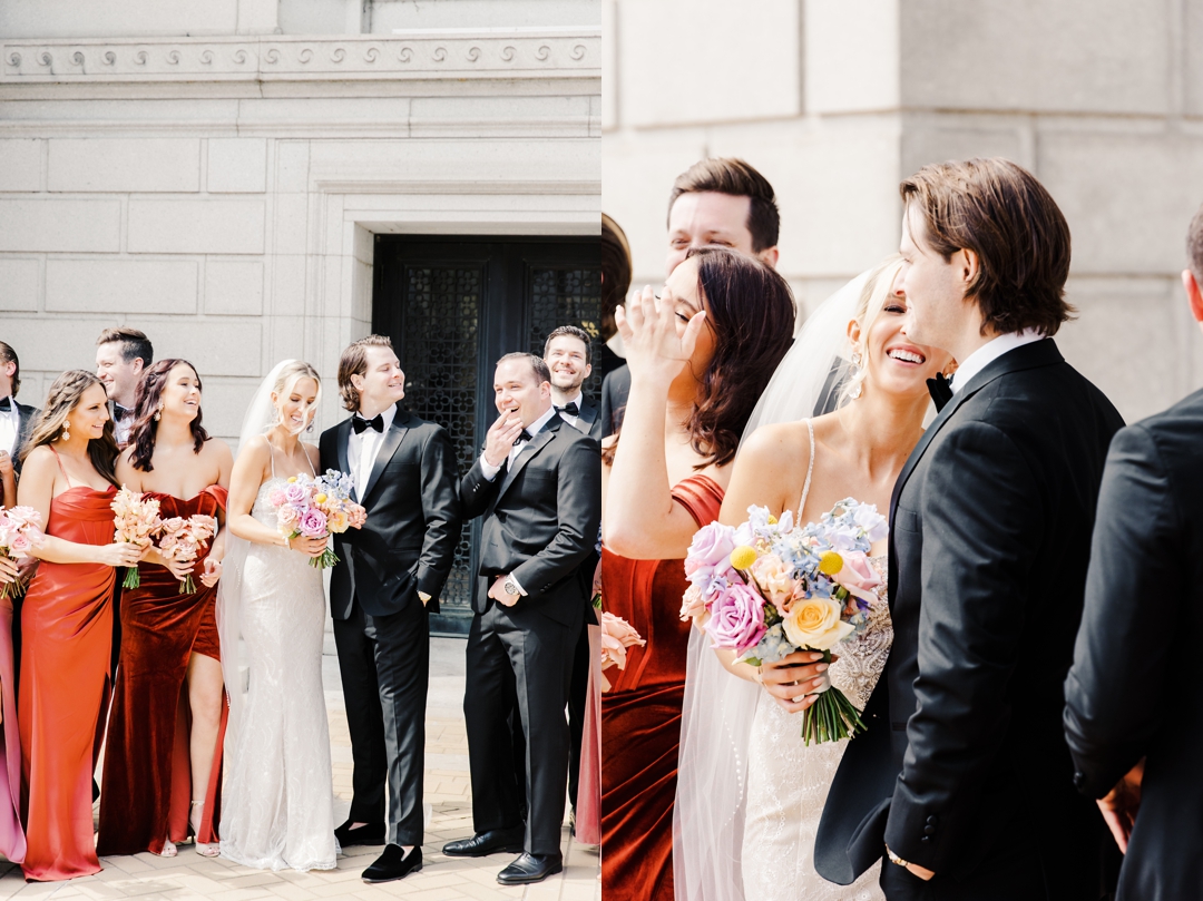 Deane and Jeff with their wedding party of 20 posing outside the grand Central Library in downtown St. Louis.