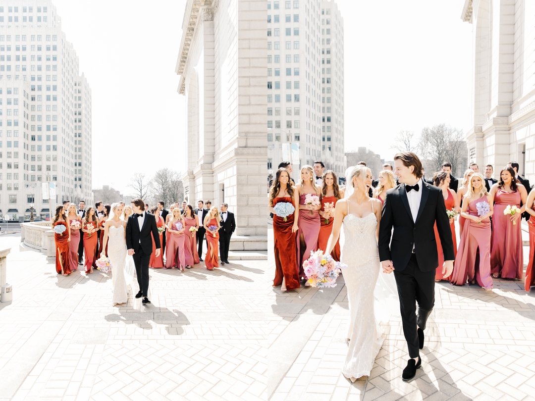 Elegant yet playful wedding party walking photo outside the Central Library, blending energy and sophistication.