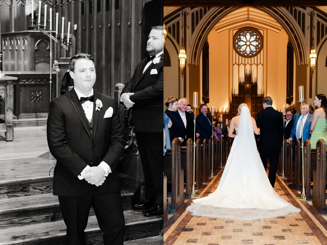 Bride Amanda walking down the aisle at Memorial Presbyterian Church, holding her bouquet.