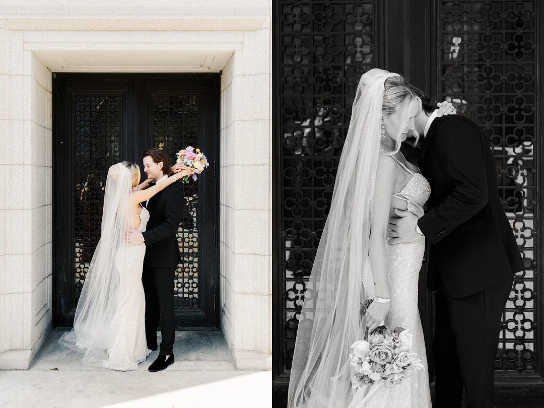 Deane and Jeff posing romantically in front of an ornate door on the side of the Central Library in downtown St. Louis.