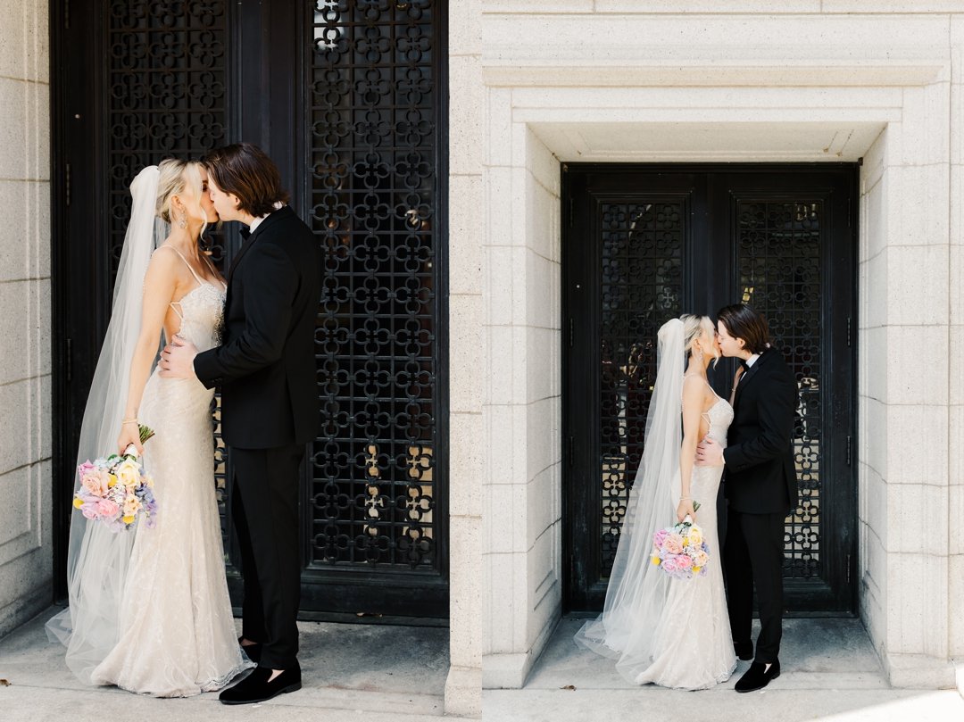 Newlyweds kissing in front of a beautifully crafted door at the Central Library, blending timeless architecture with modern romance.