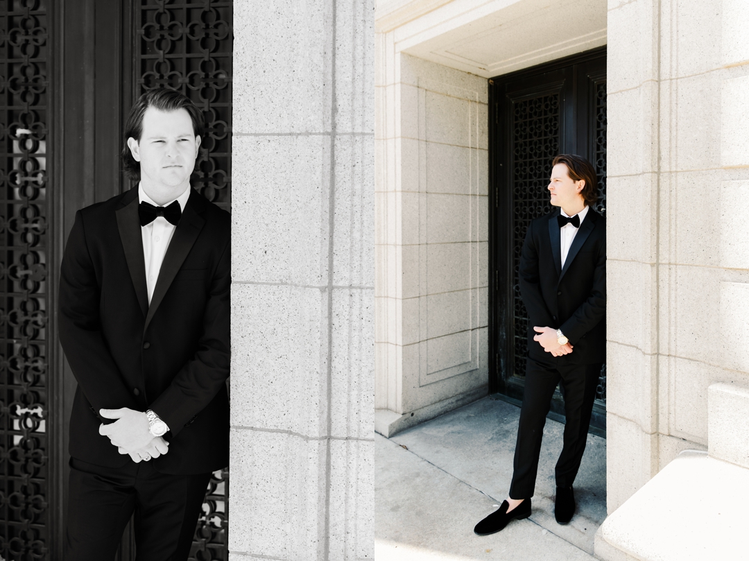 Groom posing in front of a beautifully crafted door at the Central Library