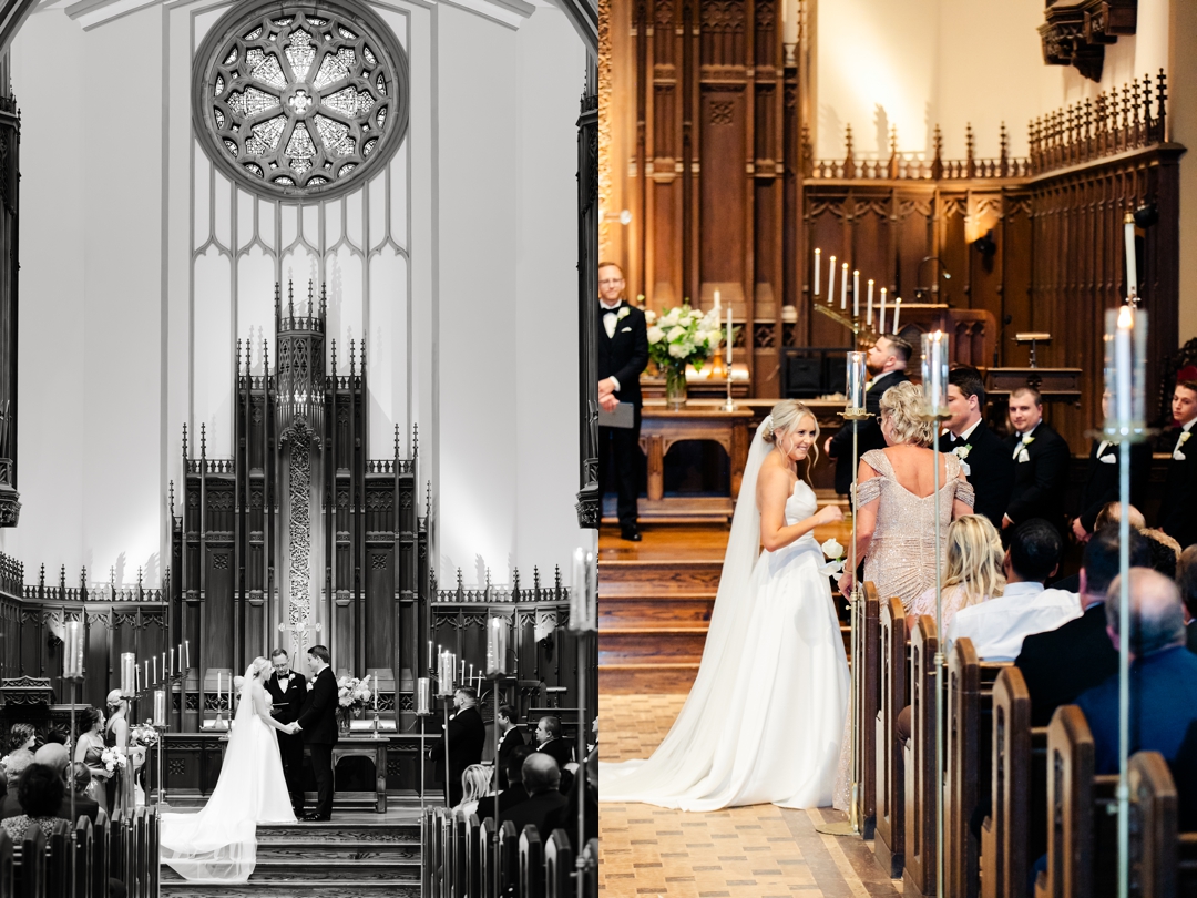 Amanda and Mike exchanging vows in the elegant Memorial Presbyterian Church.