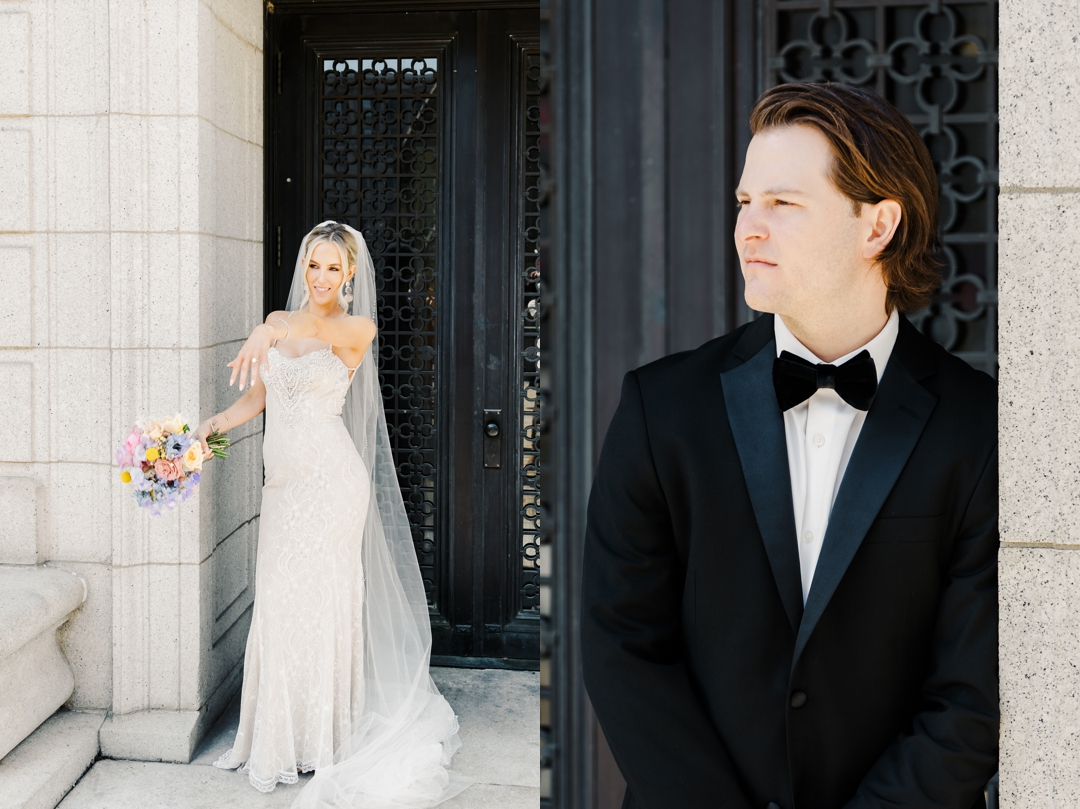 Bride and Groom posing in front of a beautifully crafted door at the Saint Louis Central Library