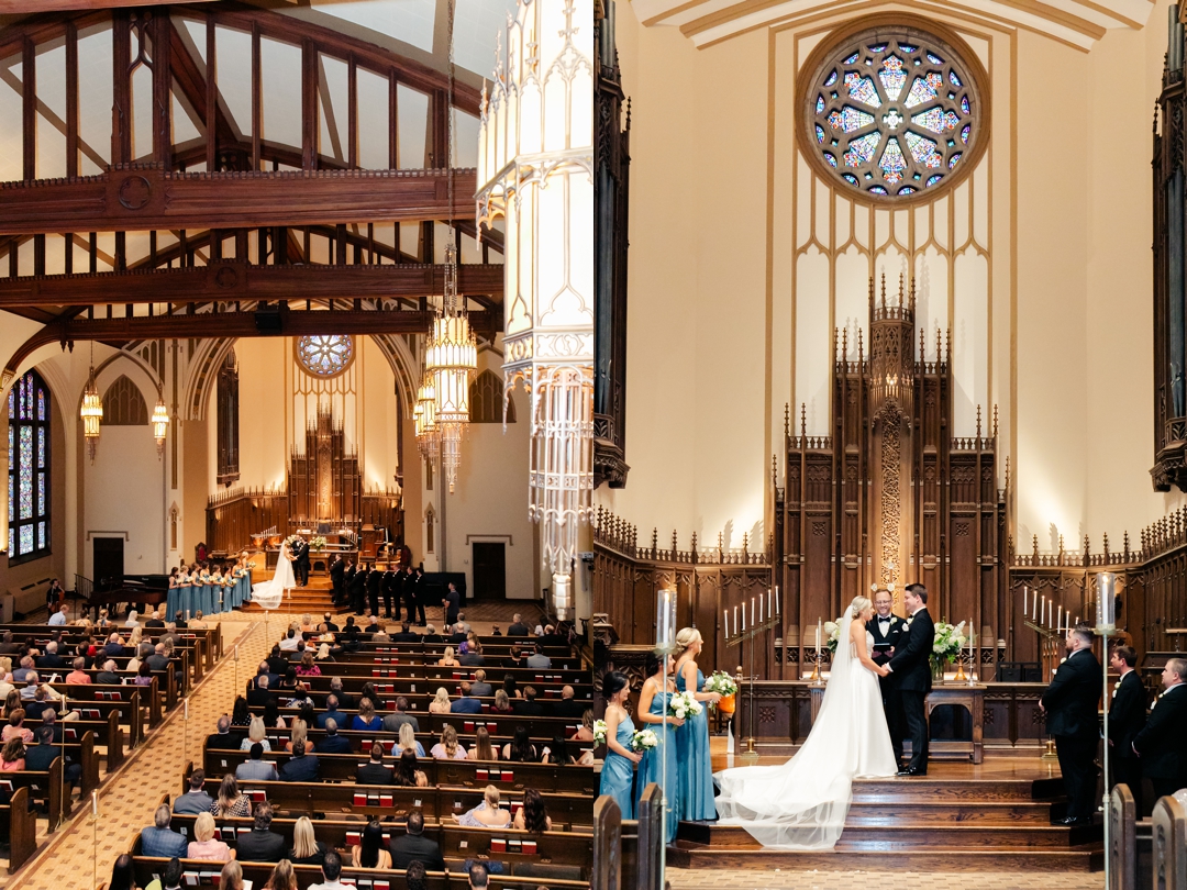 Wide-angle shot of Amanda and Mike’s wedding ceremony at Memorial Presbyterian Church.