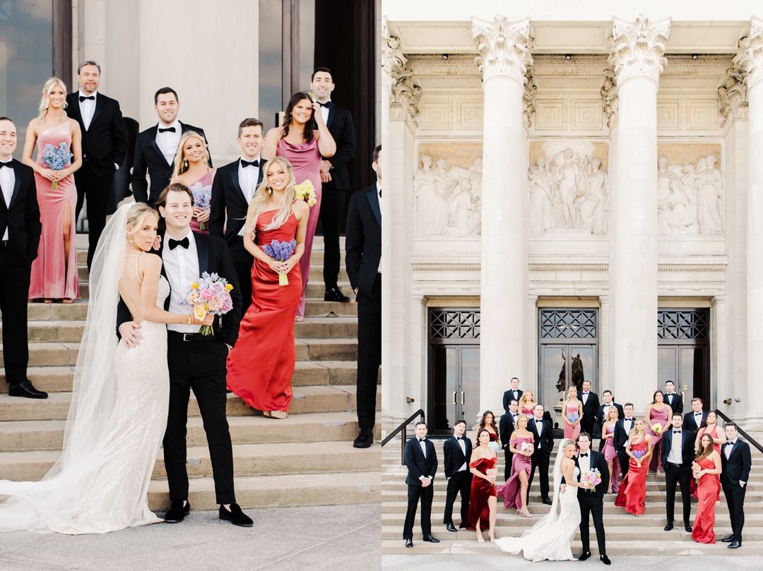 Deane and Jeff with their wedding party of 20 posing in front of the iconic Saint Louis Art Museum.
