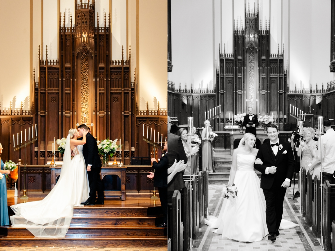 Bride and groom sharing their first kiss as husband and wife at Memorial Presbyterian Church.