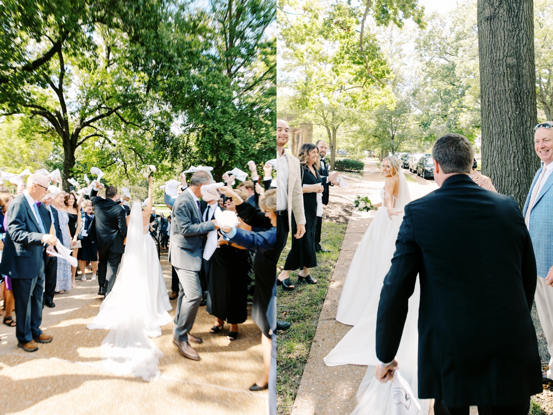 Guests waving St. Louis Blues rally towels during Amanda and Mike’s wedding send-off.