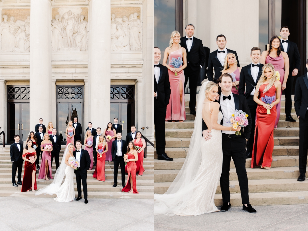 Vibrant wedding party photo with the grand facade of the Saint Louis Art Museum as the backdrop.