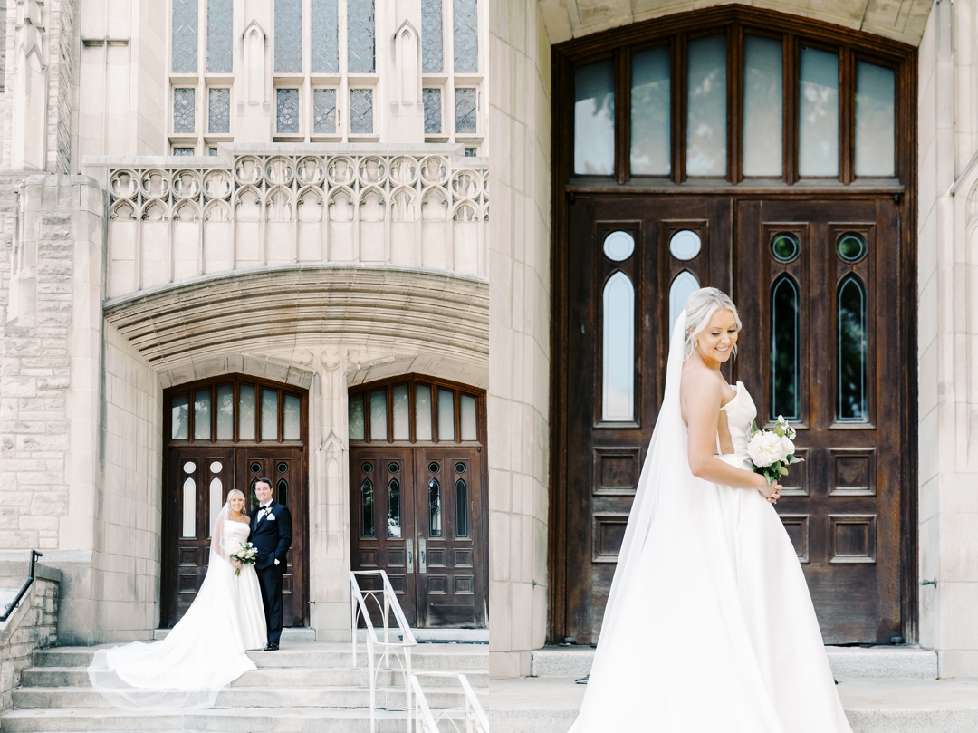 Full-length portrait of Amanda and Mike standing outside Memorial Presbyterian Church with its beautiful architecture.