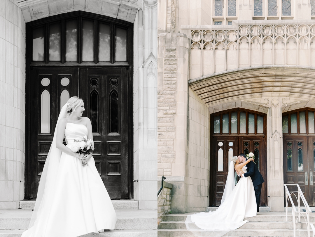 Close-up of Amanda and Mike kissing at the church entrance, framed by its grand doors.
