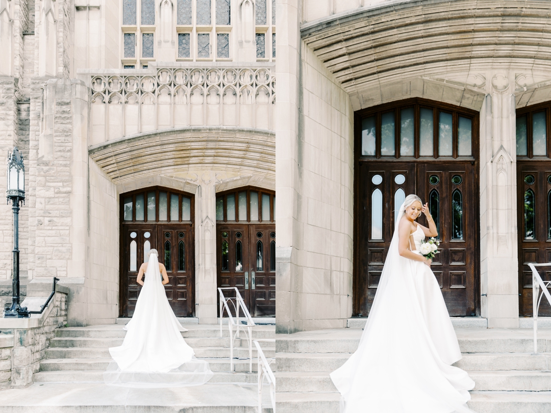 Close-up of Bride standing at the church entrance, framed by its grand doors.