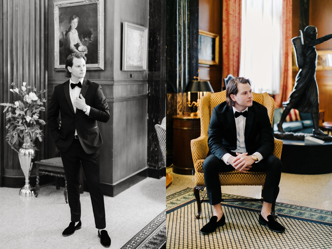 Classic groom portrait of Jeff in his tailored suit at the Missouri Athletic Club.