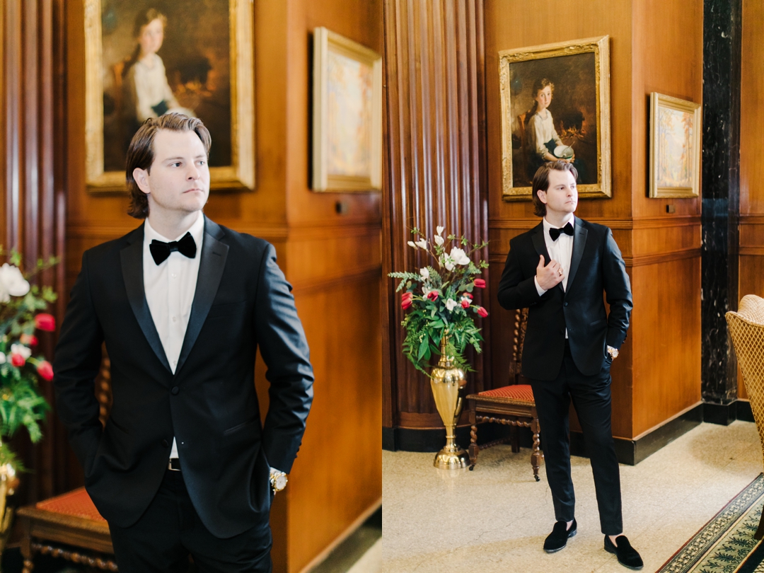 Classic groom portrait of Jeff in his tailored suit at the Missouri Athletic Club.