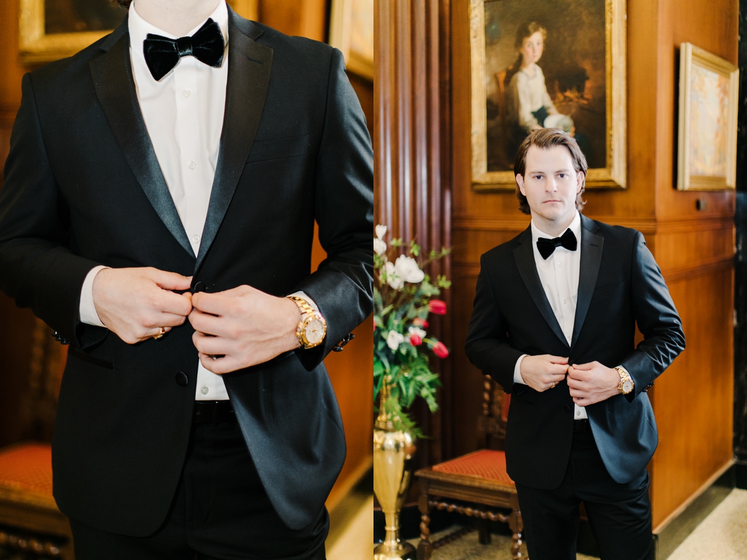 Classic groom portrait of Jeff in his tailored suit at the Missouri Athletic Club.