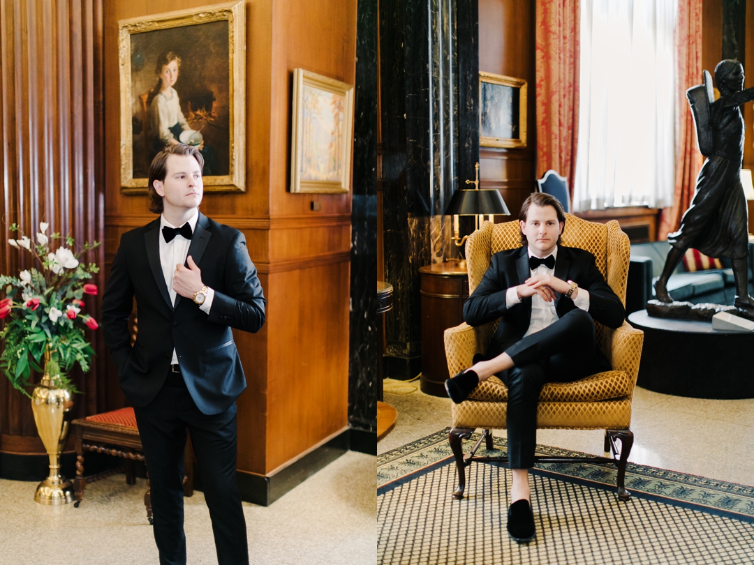 Classic groom portrait of Jeff in his tailored suit at the Missouri Athletic Club.